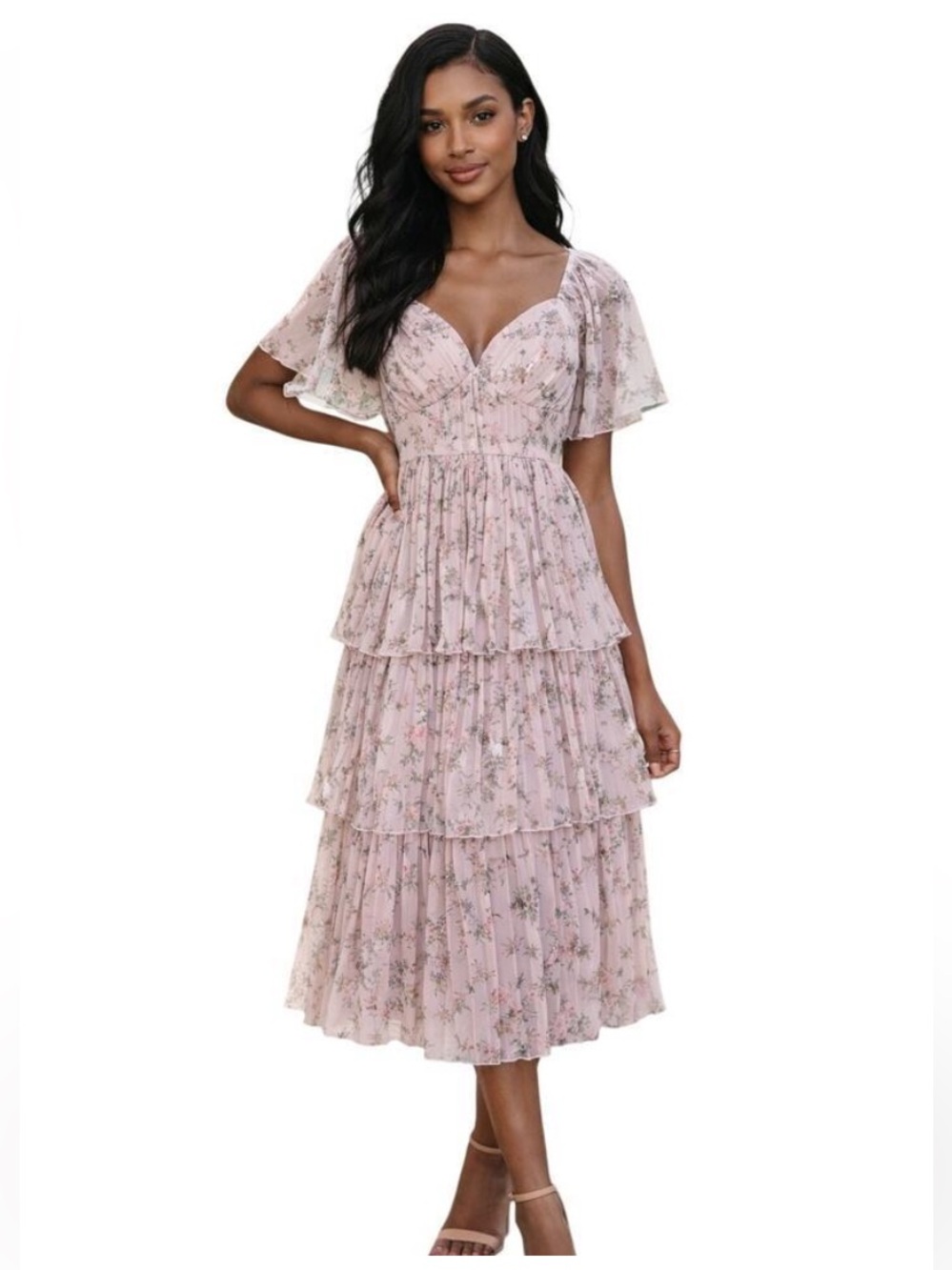 Lulu’s Gentle Charm Mauve Floral Print Pleated Tiered Midi Dress - Picture 1 of 9